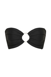Black bandeau bikini top with ruched cups and silver ring hardware at center front.