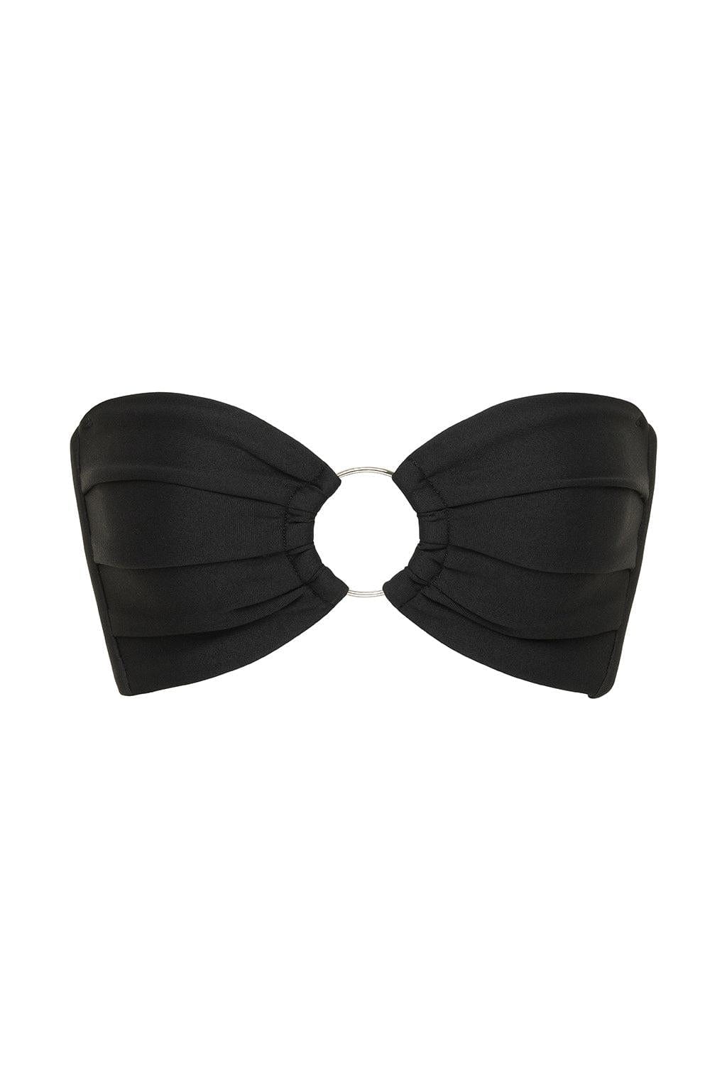 Black bandeau bikini top with ruched cups and silver ring hardware at center front.
