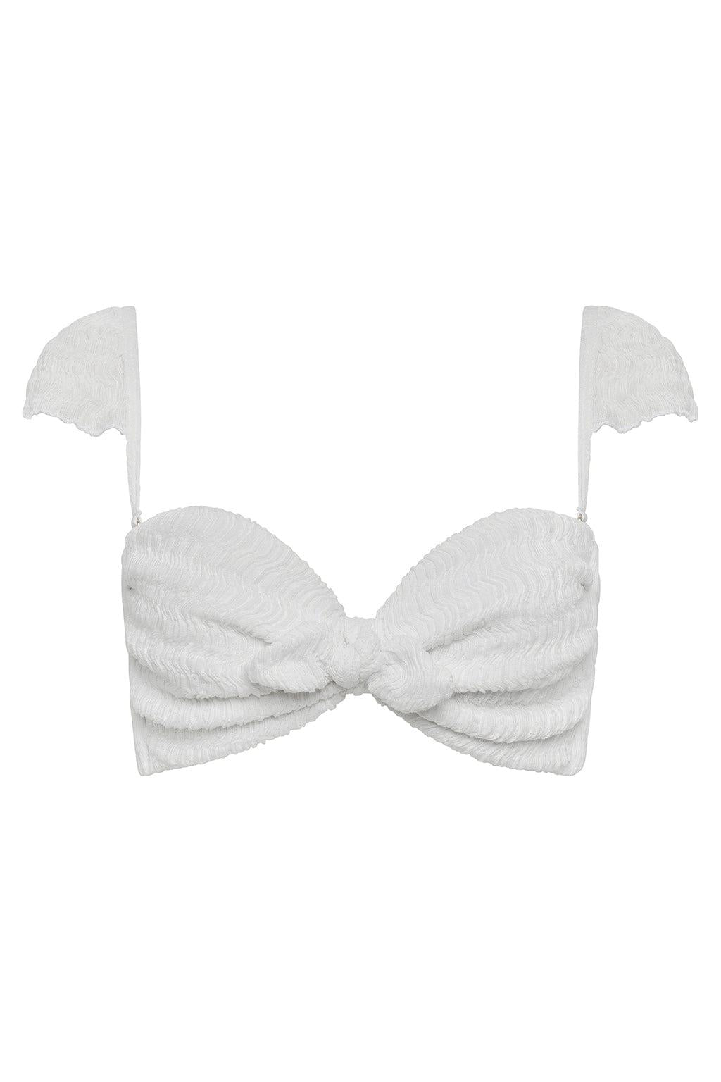 White textured bikini top with bow-tie front and adjustable shoulder straps with shell details.