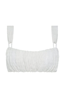 White textured bikini top with ruched front panel and thin shoulder straps.