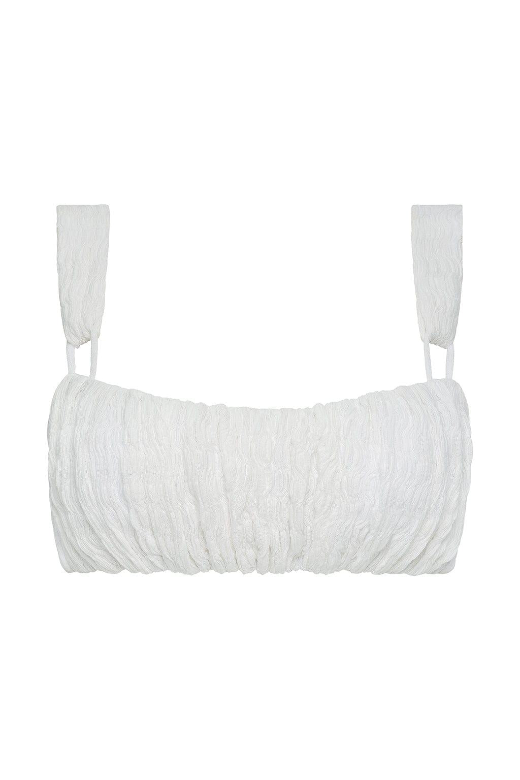 White textured bikini top with ruched front panel and thin shoulder straps.