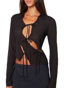 Womens | Sheer Long Sleeve Tie Top | Black