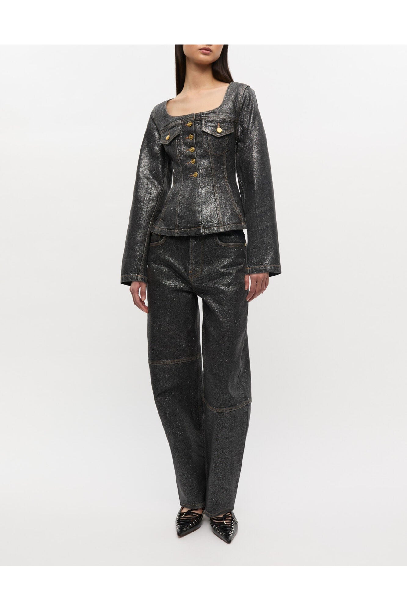 Shimmery Foil Denim Blazer | Washed Black/Black