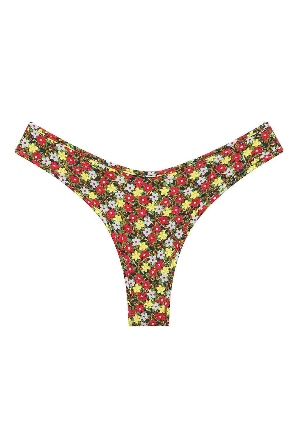 Red, yellow, and white floral print bikini bottom with high-leg cut and extended side coverage.