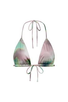 Triangle bikini top with tie-dye pattern in pink, green, and gray tones, featuring adjustable neck and side ties.