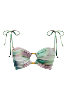Bandeau bikini top with tie-dye pattern in green, pink, and cream with gold ring hardware and adjustable neck ties.