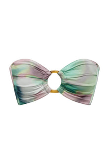 Bandeau bikini top with tie-dye gradient in pink, green, and cream with gold center ring detail.