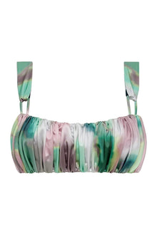 Bikini top with multicolor tie-dye pattern in green, pink, and gray tones, ruched front, and adjustable shoulder straps.