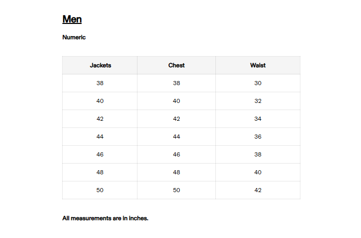 Product size guide