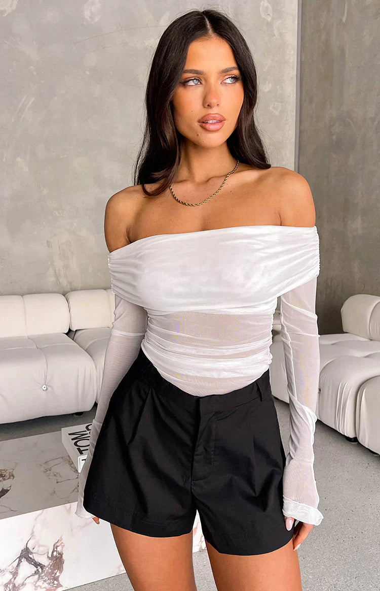 Sky Mesh Off Shoulder Top | White