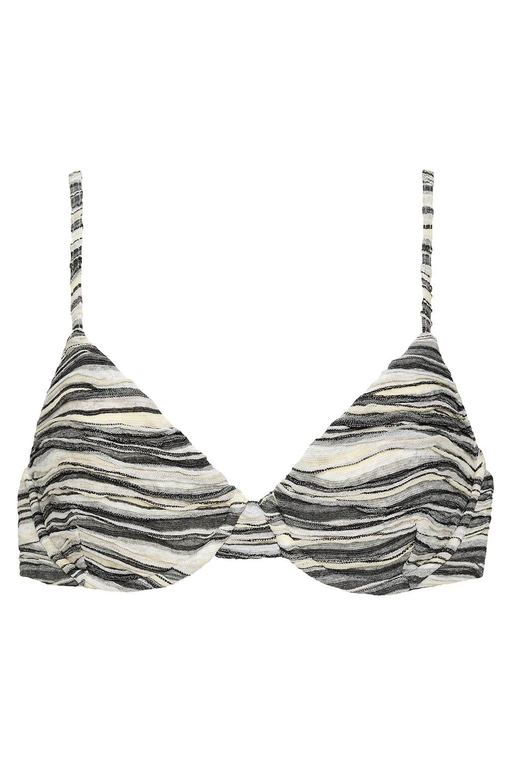 Black and white striped bikini top with thin shoulder straps and textured knit fabric.