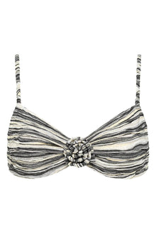 Pink and white striped bikini top with gathered center detail and adjustable shoulder straps.
