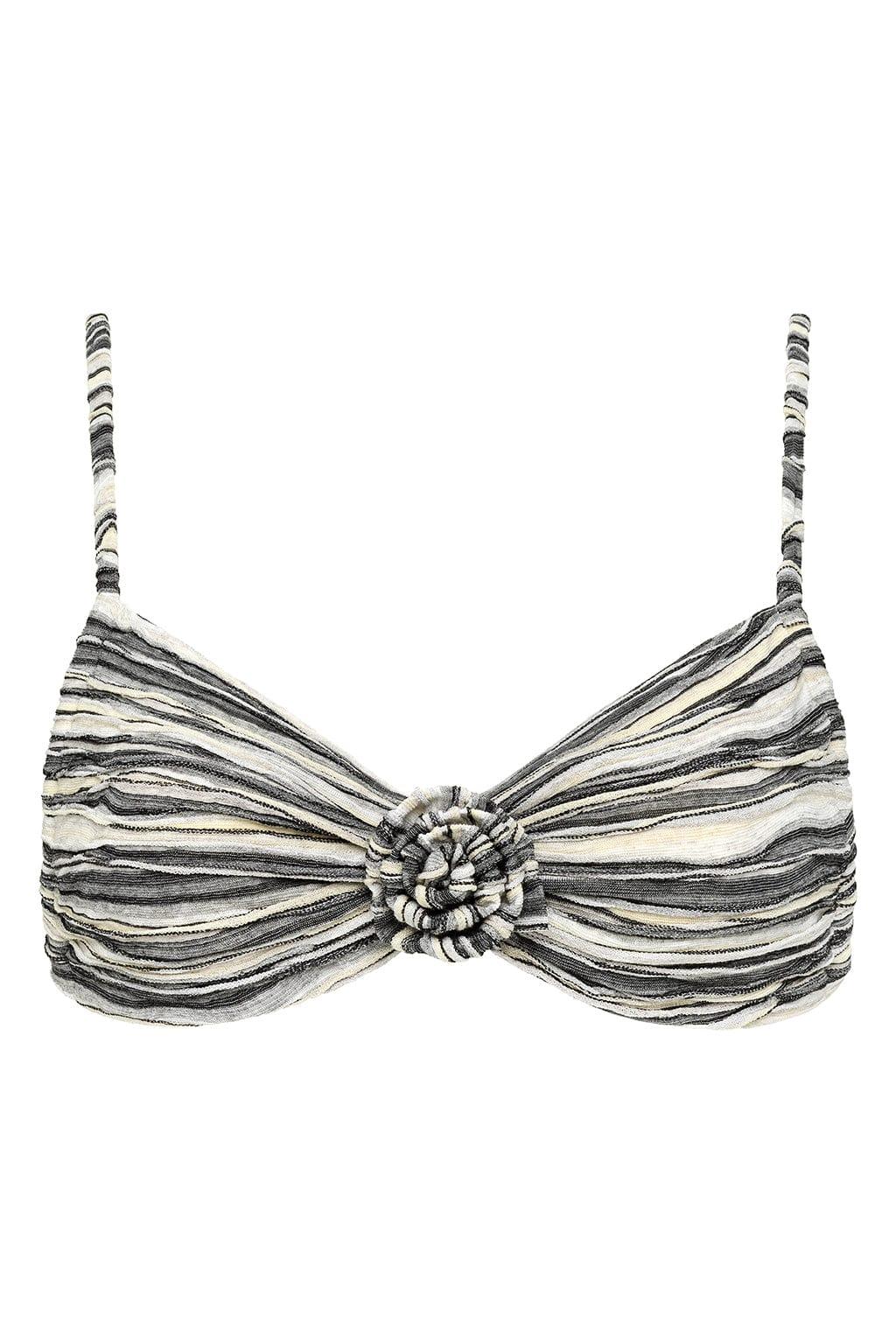 Pink and white striped bikini top with gathered center detail and adjustable shoulder straps.