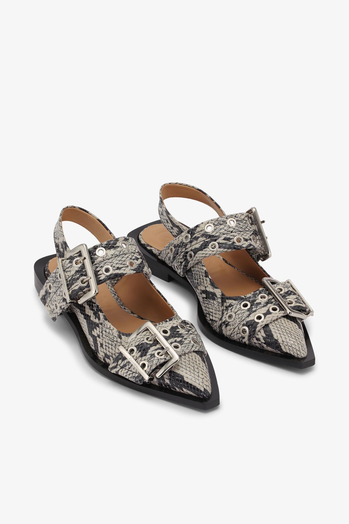 Snake Printed Feminine Buckle Ballerinas | Sand (V1)