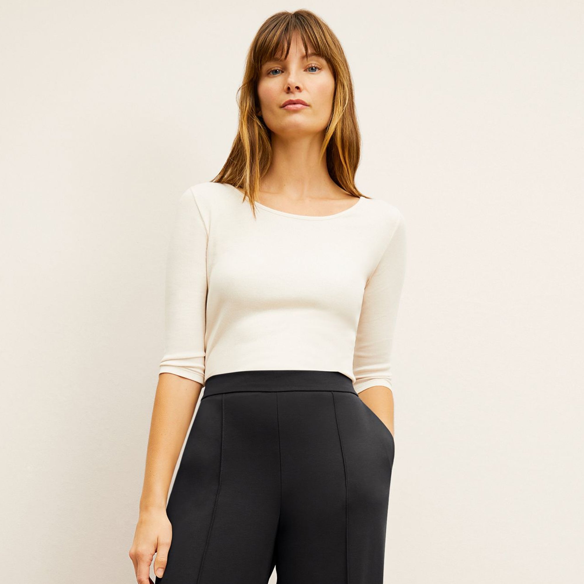 Front image of a woman wearing the Soyoung top in Ivory | Lead