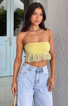 Sparrow Lace Frill Strapless Crop Top | Yellow
