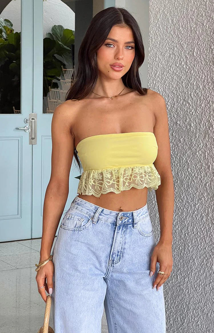 Sparrow Lace Frill Strapless Crop Top | Yellow