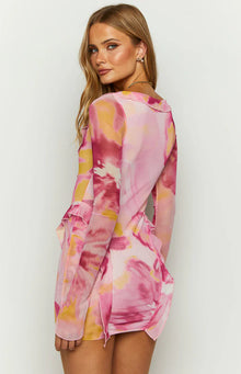 Surround Sound Floral Mesh Long Sleeve Mini Dress | Pink