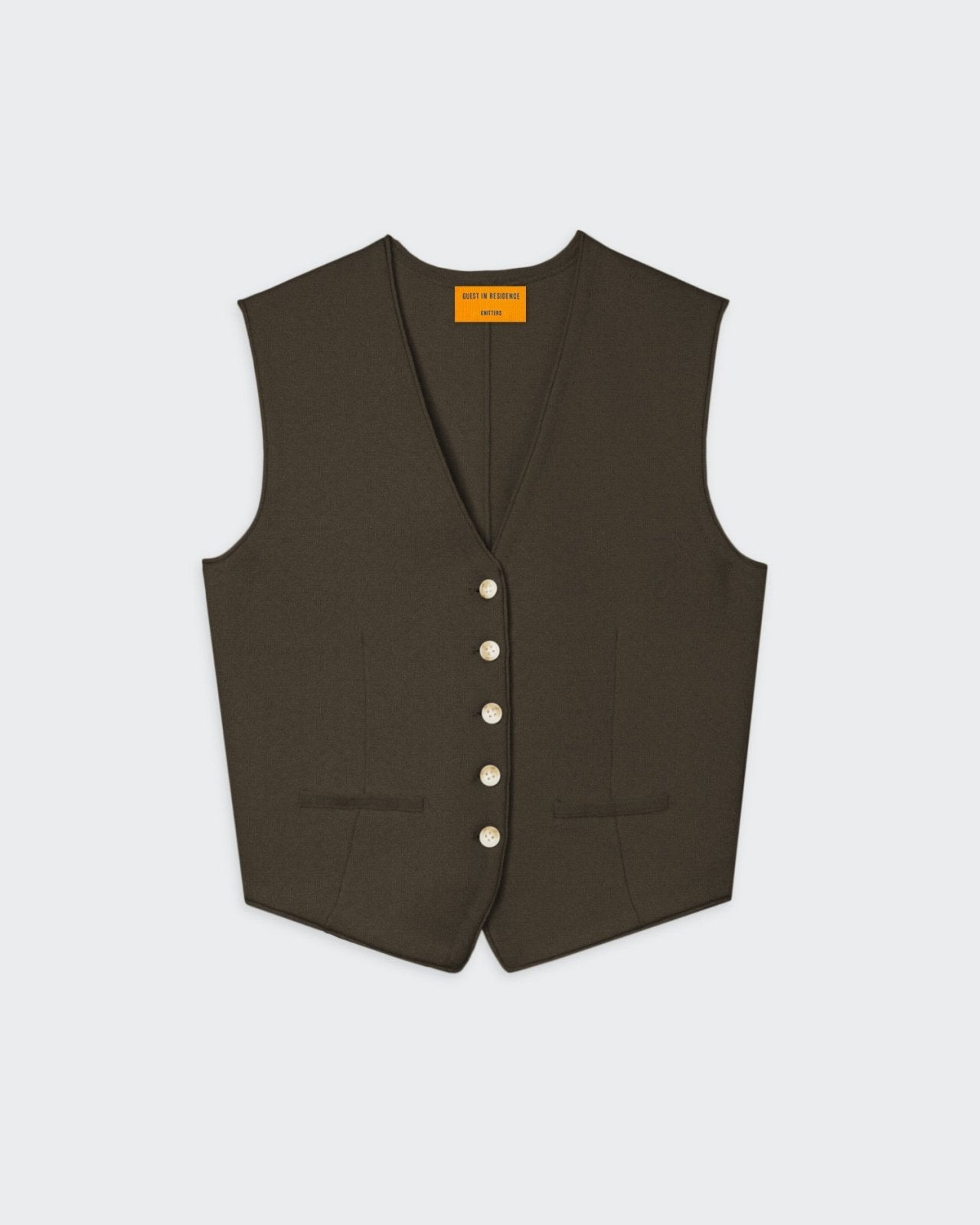 Tailored Vest - Chestnut in fitted medium-weight cashmere with front buttons, contour darts, and faux pockets.