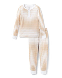 Kid's Pima Snug Fit Pajama Set in Camel Stripe features a beige and white striped long-sleeve top with white cuffs and button placket, plus matching pants with white ankle cuffs.