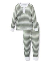 The Kid's Pima Snug Fit Pajama Set in Sage Stripe features green and white horizontal stripes, long sleeves, white cuffs at wrists and ankles, and a small button placket on the shirt. The set is displayed flat on a white background.