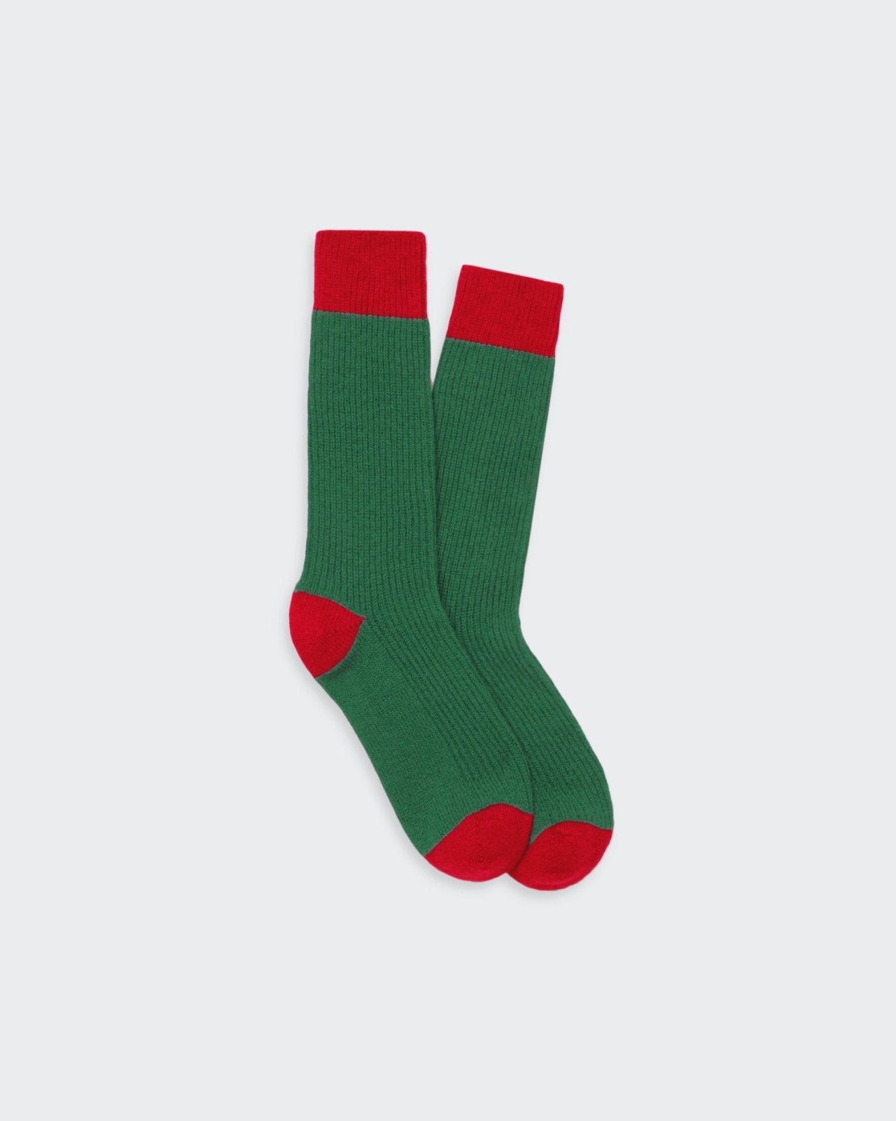 The Soft Socks - Rainforest/True Red unisex cashmere socks with contrast color-blocking in green and red.