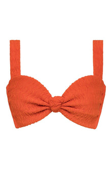 Tangerine textured bikini top with bow-tie center detail and adjustable shoulder straps.