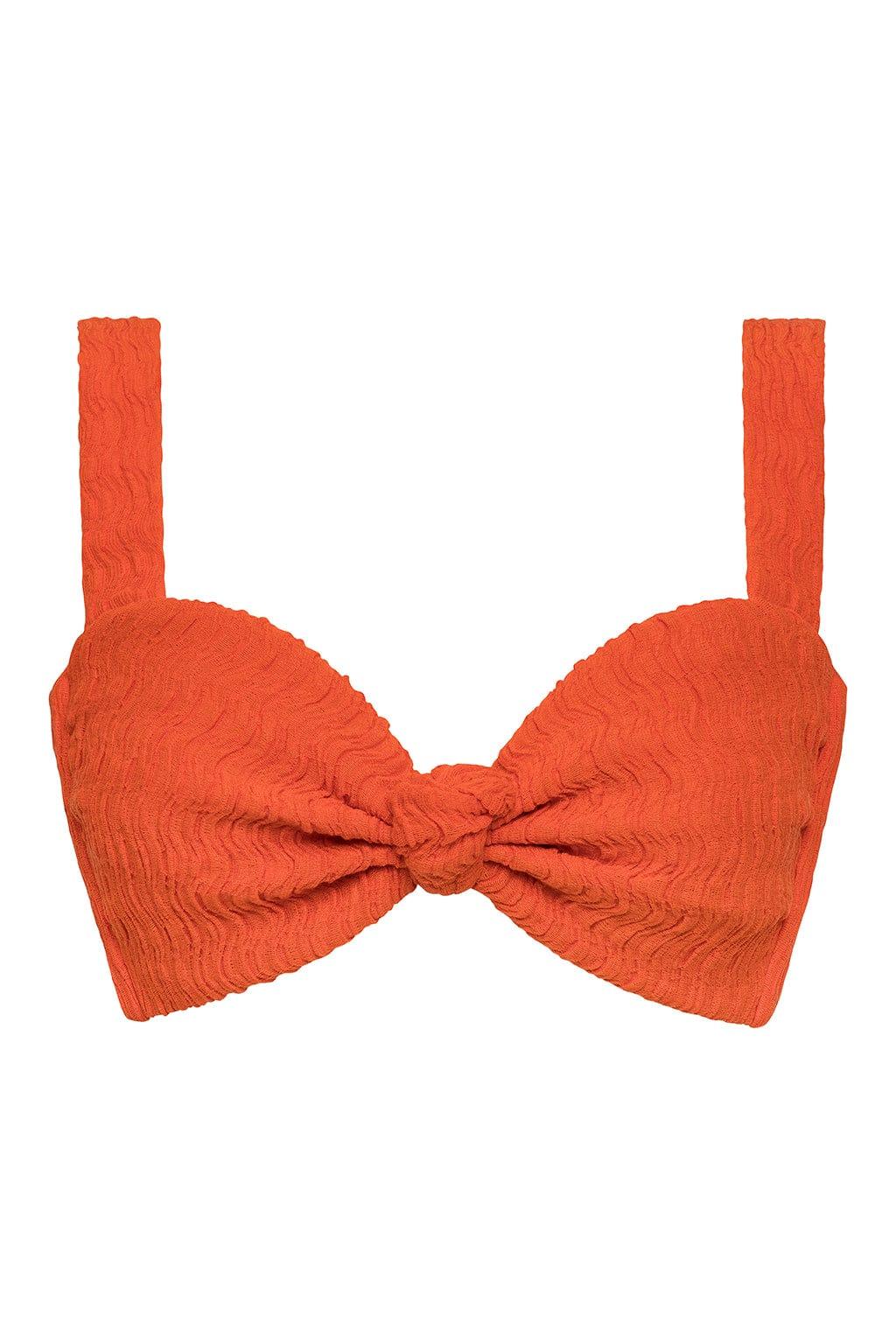 Tangerine textured bikini top with bow-tie center detail and adjustable shoulder straps.