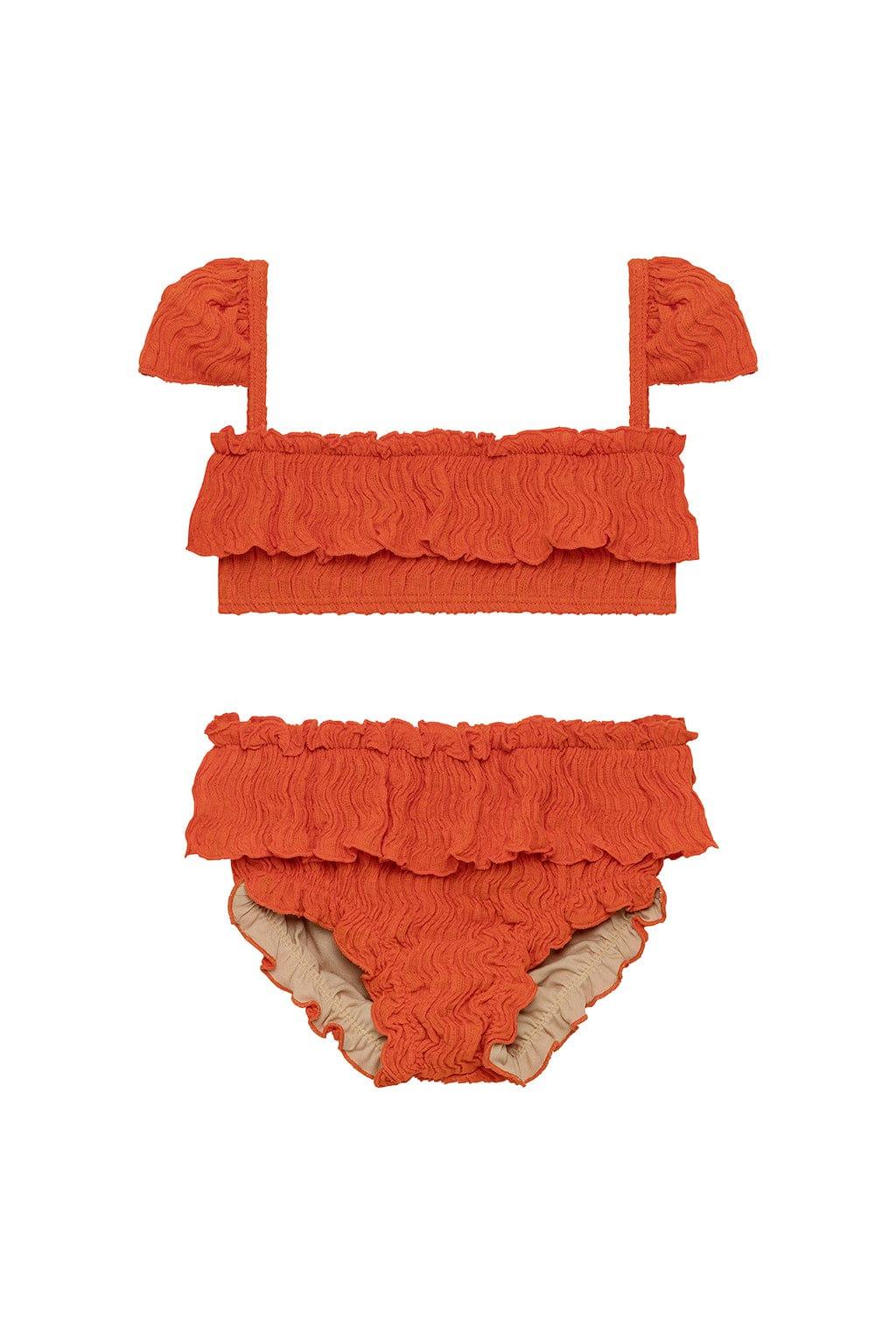 Tangerine two-piece bikini set with textured ruched fabric, ruffled off-shoulder top with straps, and matching bottoms with n