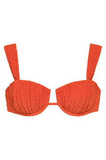 Tangerine bikini top with textured petal-pattern cups, adjustable straps, and center cutout detail.