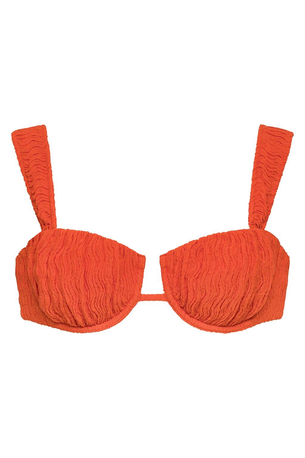 Tangerine bikini top with textured petal-pattern cups, adjustable straps, and center cutout detail.