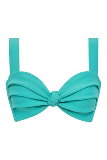 Teal bikini top with gathered cup design, center bow detail, and straight shoulder straps.