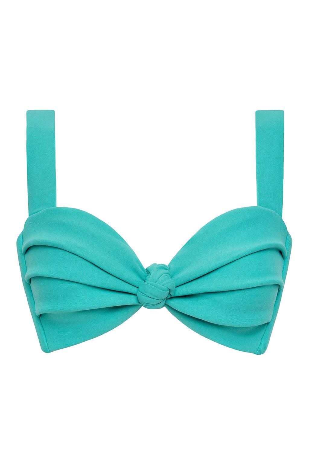 Teal bikini top with gathered cup design, center bow detail, and straight shoulder straps.