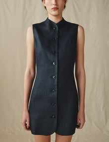 Womens | The Mini Dress in Linen Herringbone | Midnight