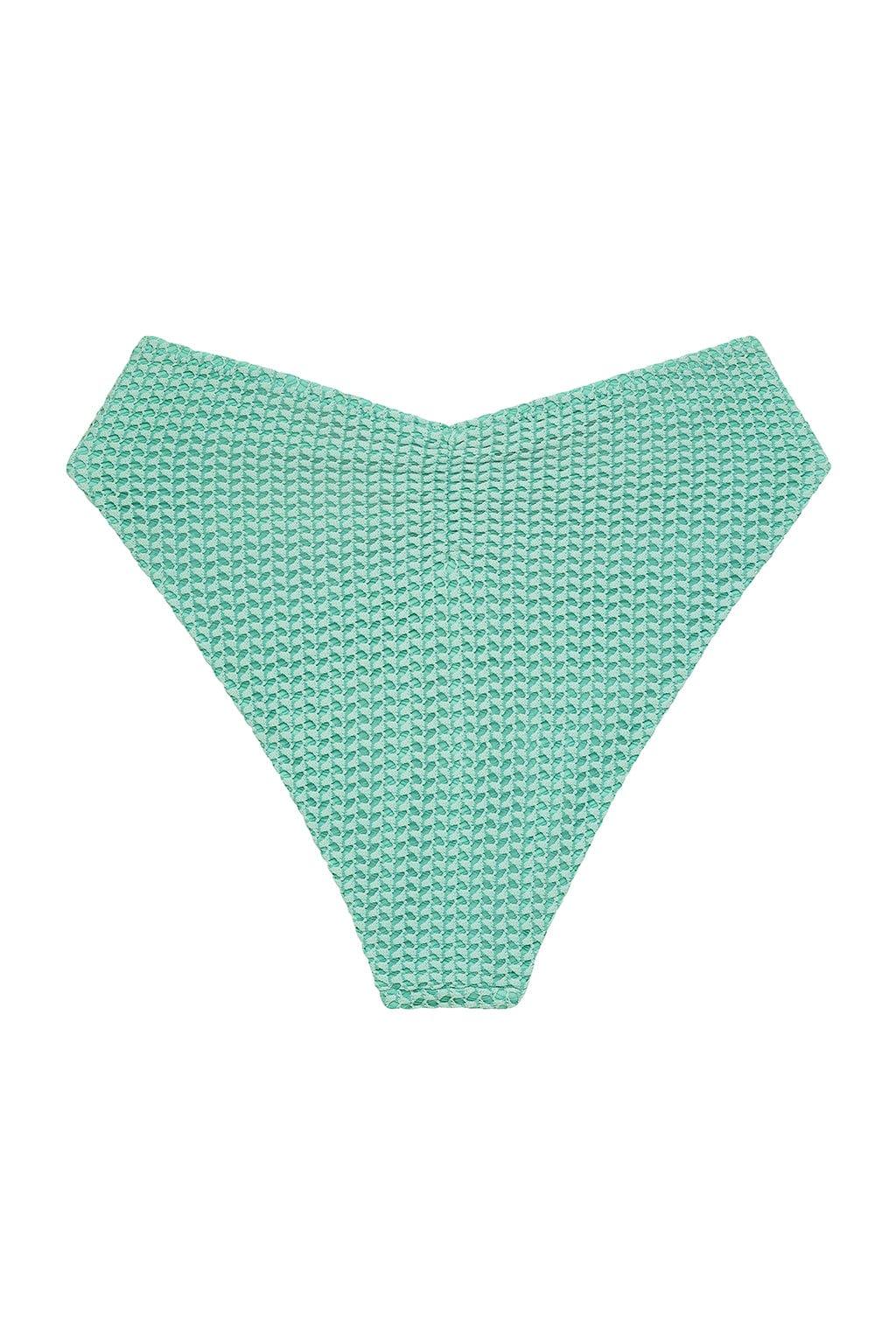 Turquoise crochet bikini bottom with textured knit pattern and high-waisted cut.