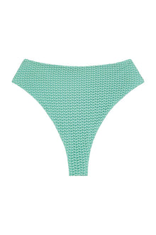 Turquoise crochet bikini bottom with textured knit pattern and high-cut leg styling.