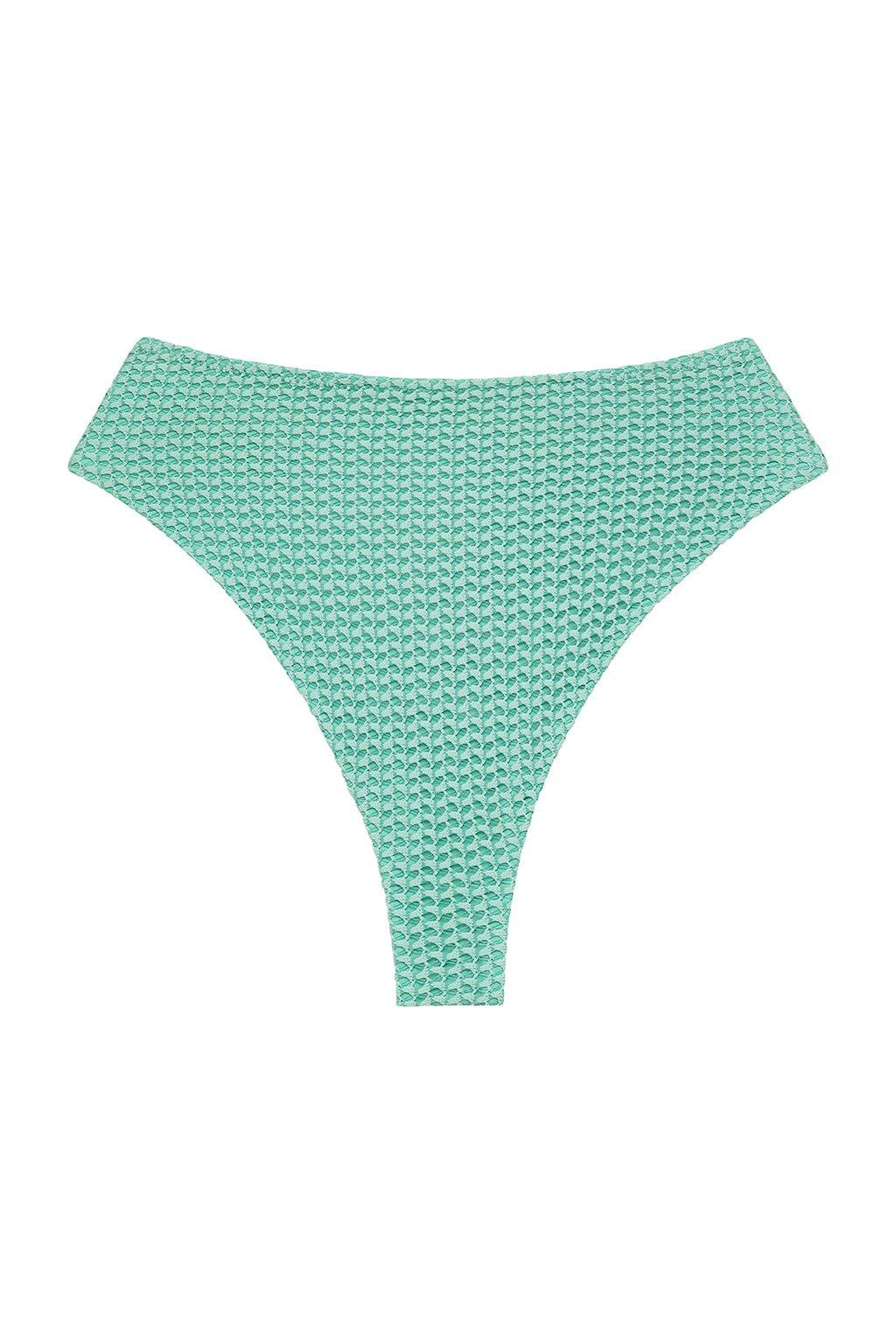 Turquoise crochet bikini bottom with textured knit pattern and high-cut leg styling.