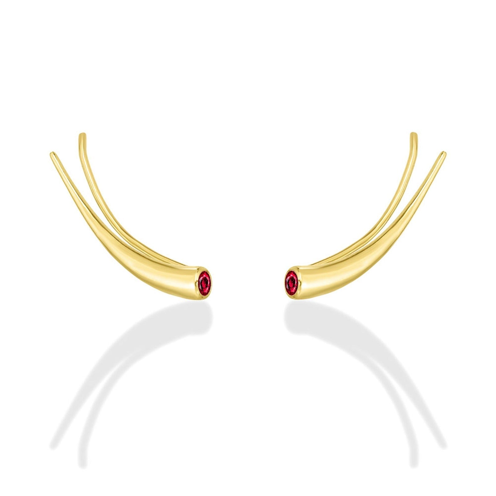 14k gold Curved Quill Climber Earrings with ruby