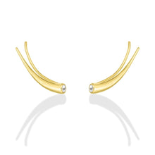 14k gold Curved Quill Climber Earrings with pearl on white background