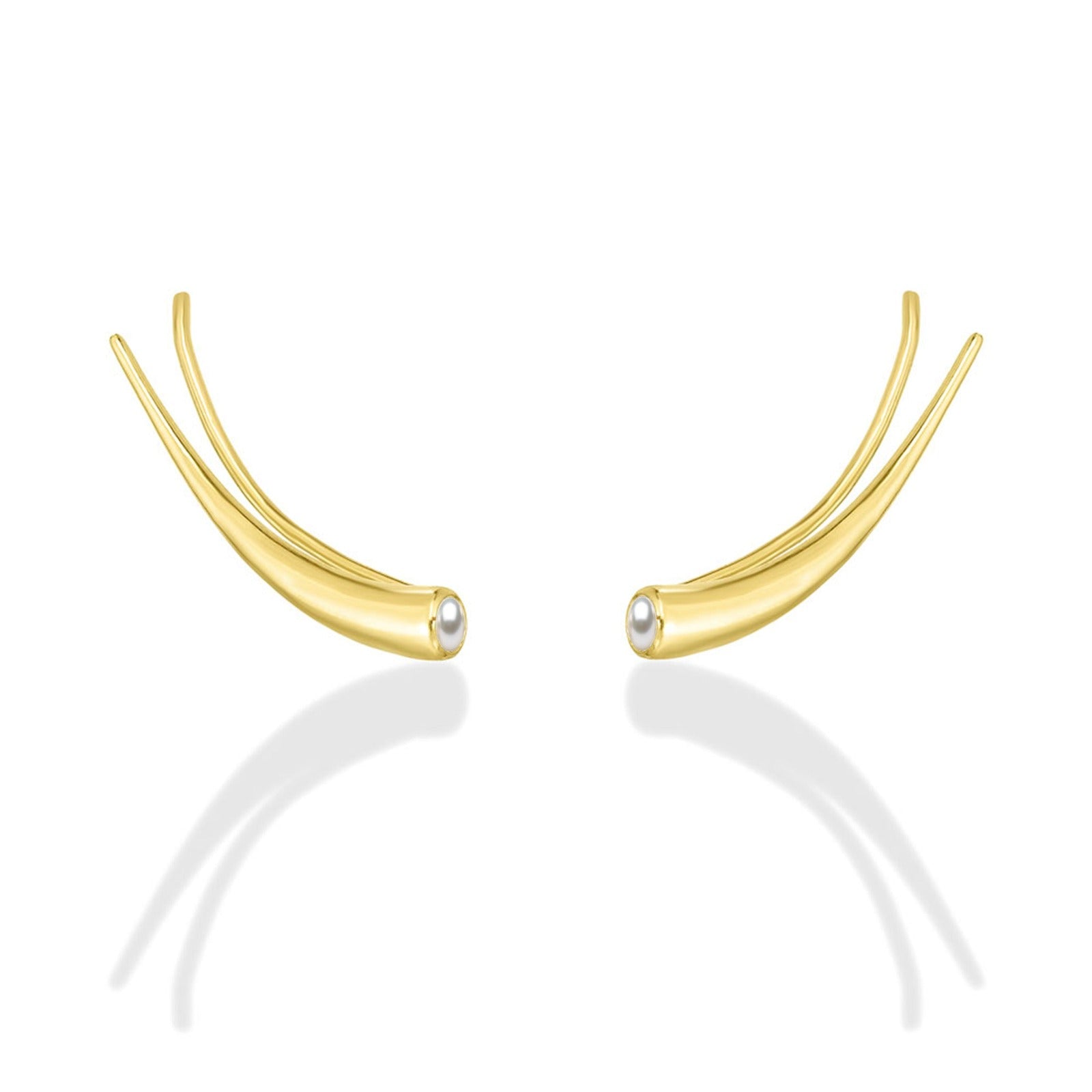 14k gold Curved Quill Climber Earrings with pearl on white background