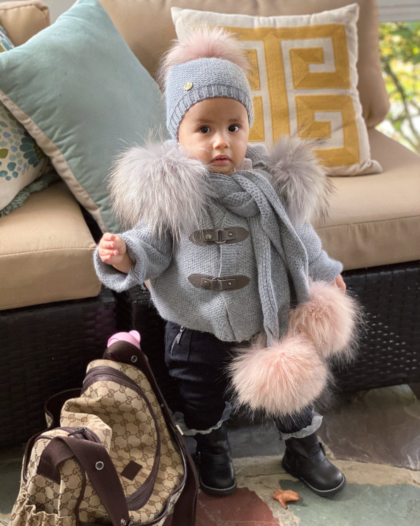 Unisex | Honeycomb Grey Cashmere Pram Coat with Grey Trim | Gray