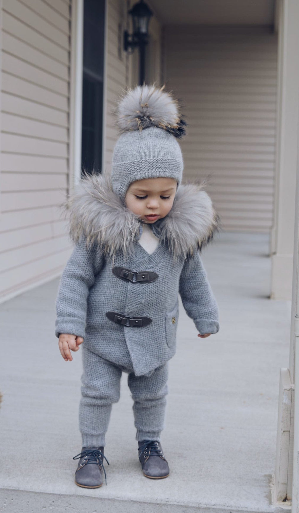 Unisex | Honeycomb Grey Cashmere Pram Coat with Grey Trim | Gray