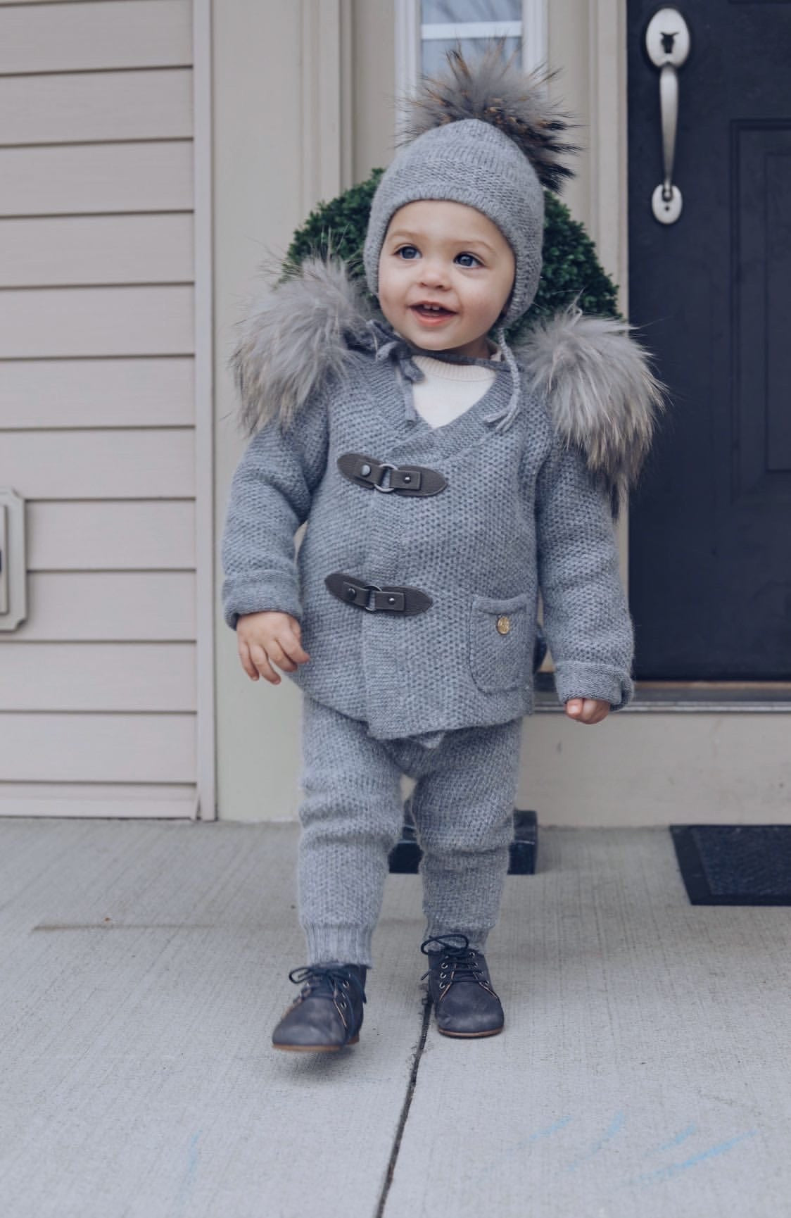 Unisex | Honeycomb Grey Cashmere Pram Coat with Grey Trim | Gray
