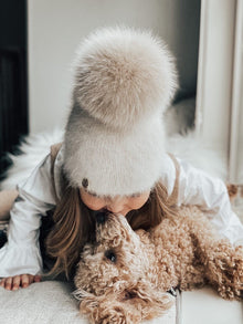 Unisex | Vanya Beige Cashmere Kids' Fox Fur Beanie Hat | Oatmeal