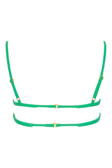 Green bikini top with adjustable straps, gold hardware, and horizontal band design across the chest.