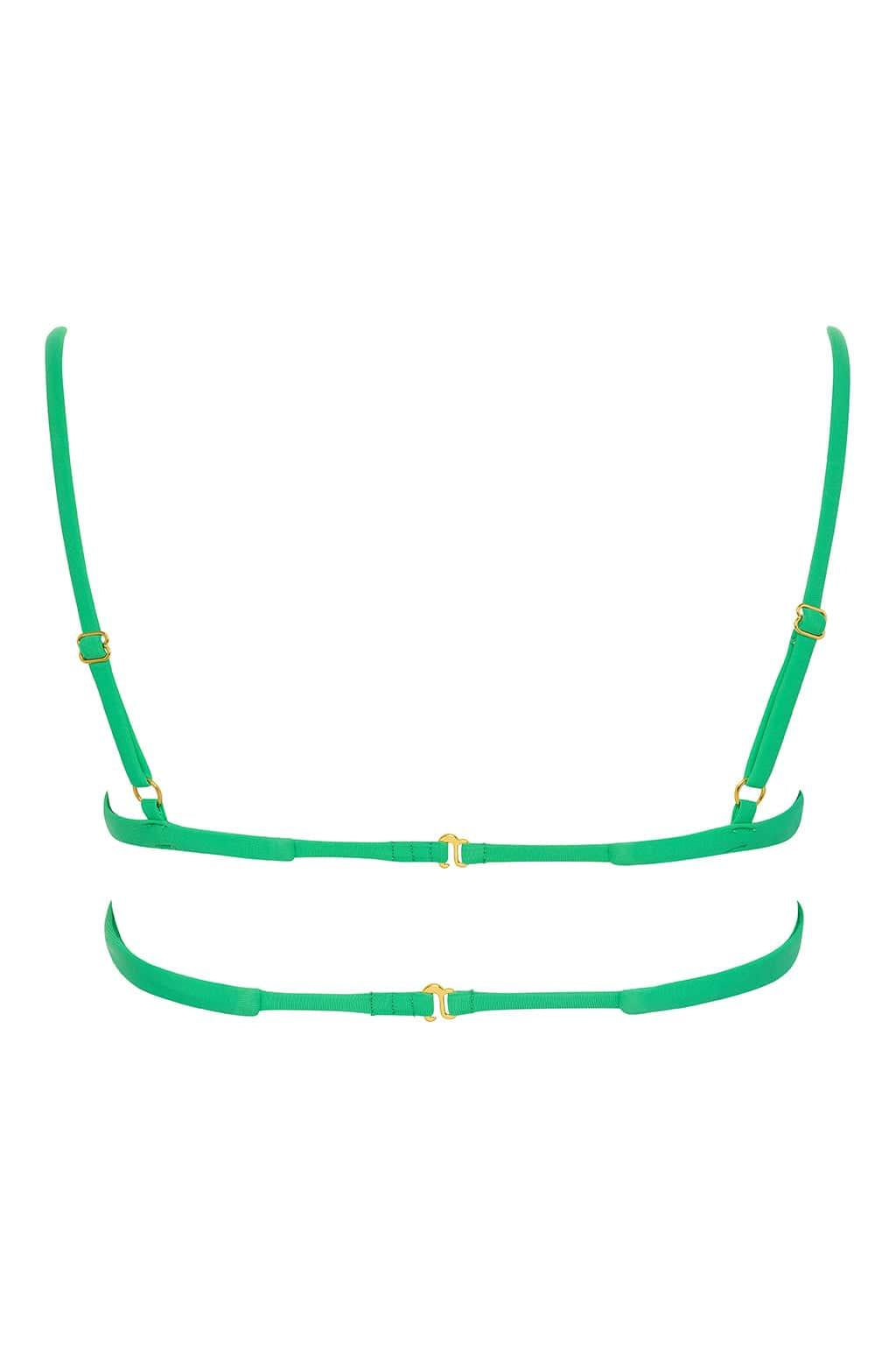 Green bikini top with adjustable straps, gold hardware, and horizontal band design across the chest.