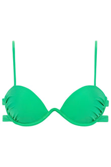 Green bikini top with thin shoulder straps and ruched side detailing on the cups.