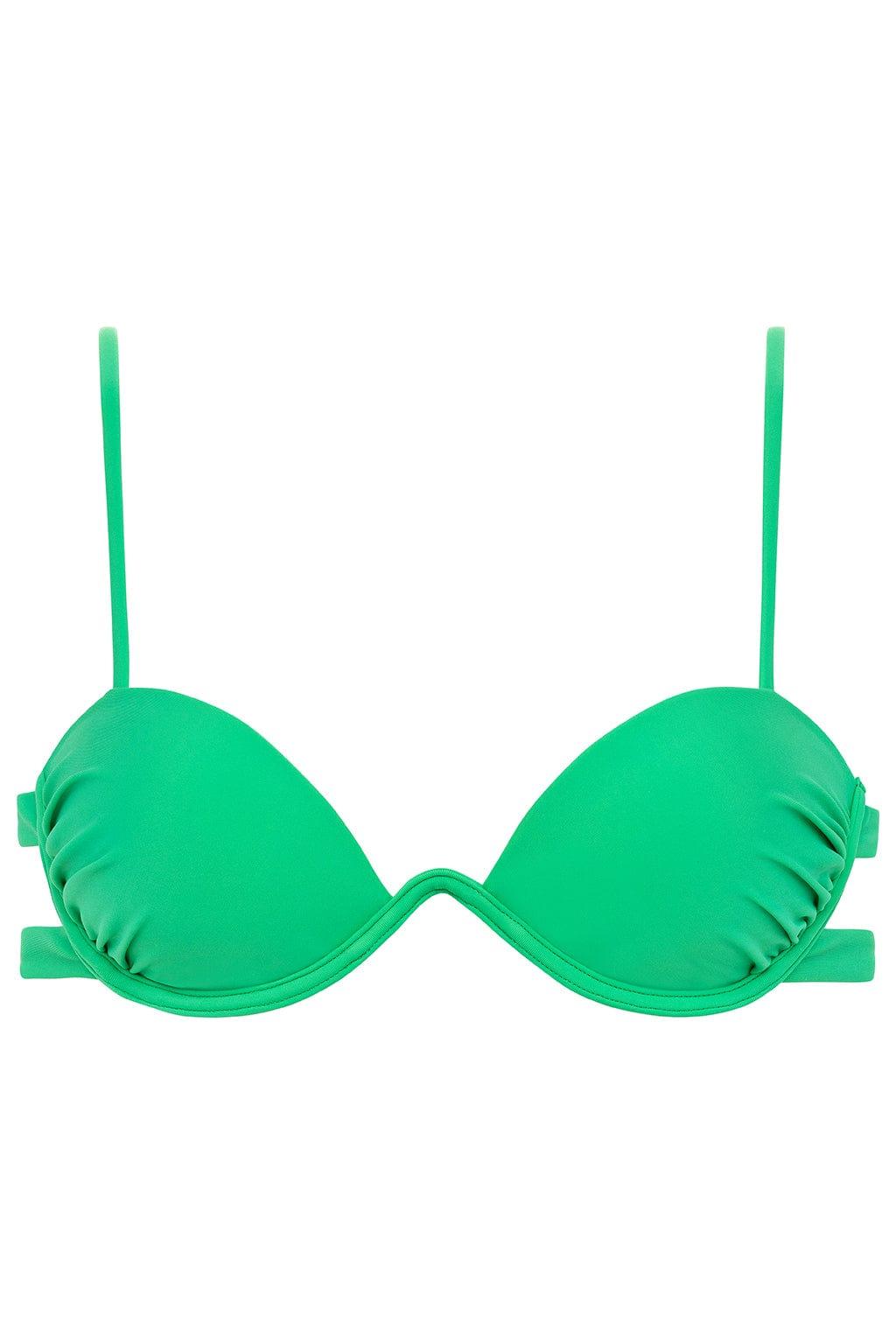 Green bikini top with thin shoulder straps and ruched side detailing on the cups.