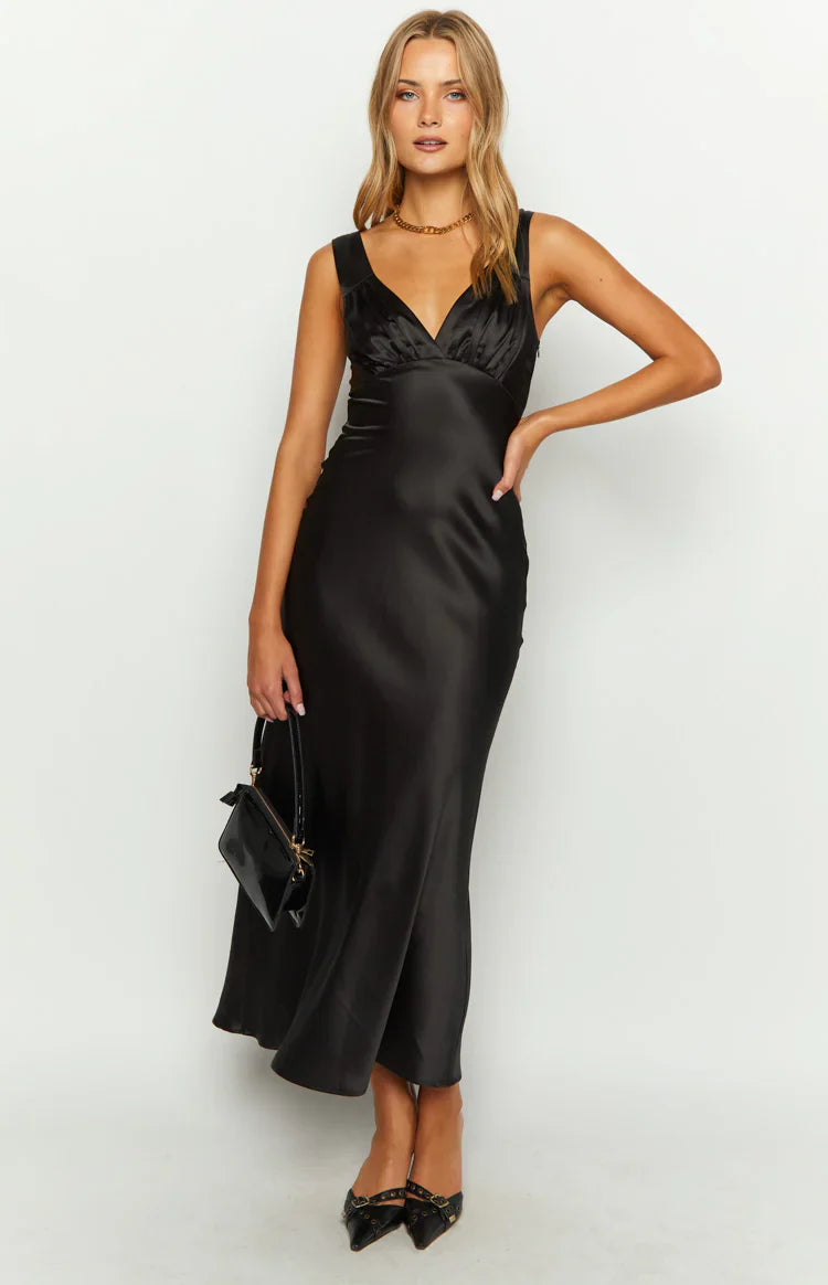 Verlaine Satin Maxi Dress | Black