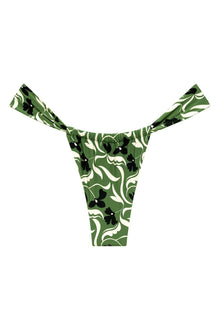 Green and black floral print bikini bottom with white leaf details and tie-side straps.